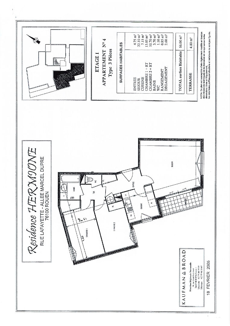 Appartement 3 pièces de 66m² avec terrasse et parking - Rouen gauche - Secteur Cité Administrative - Résidence Hermione