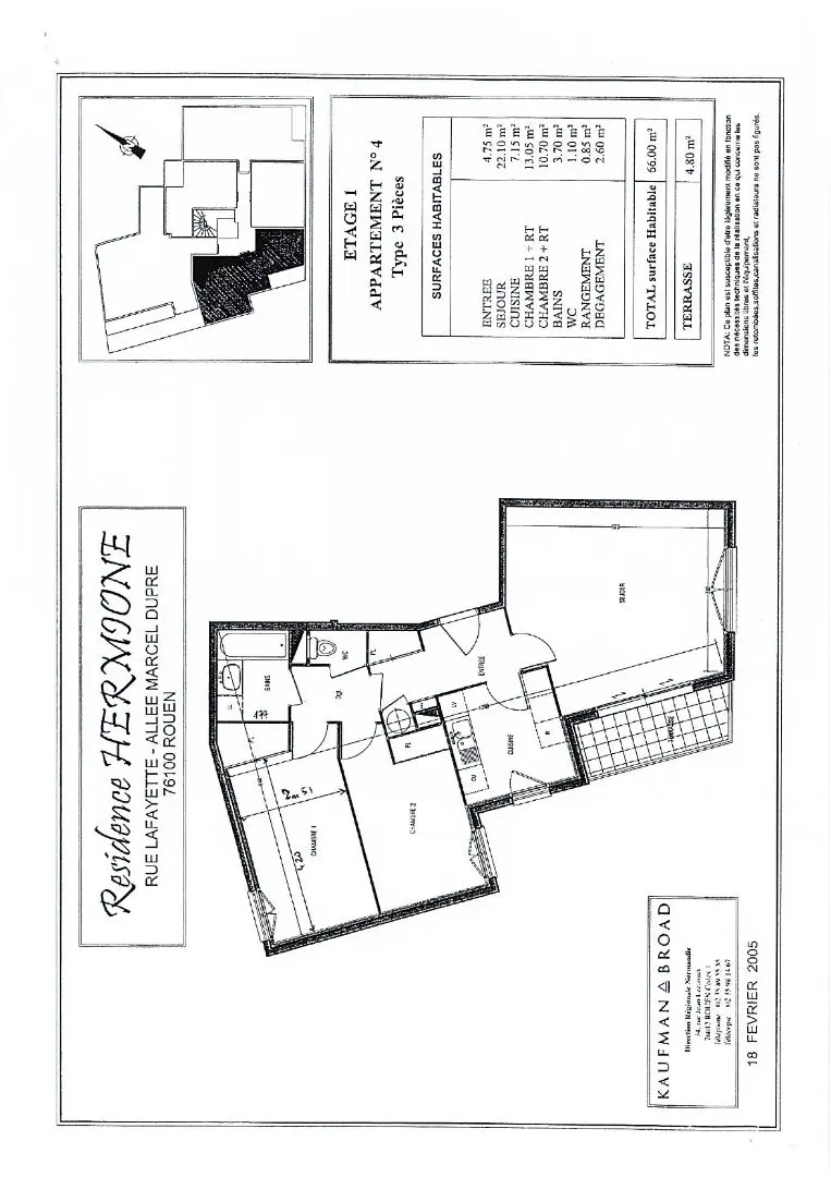 Appartement 3 pièces de 66m² avec terrasse et parking - Rouen gauche - Secteur Cité Administrative - Résidence Hermione